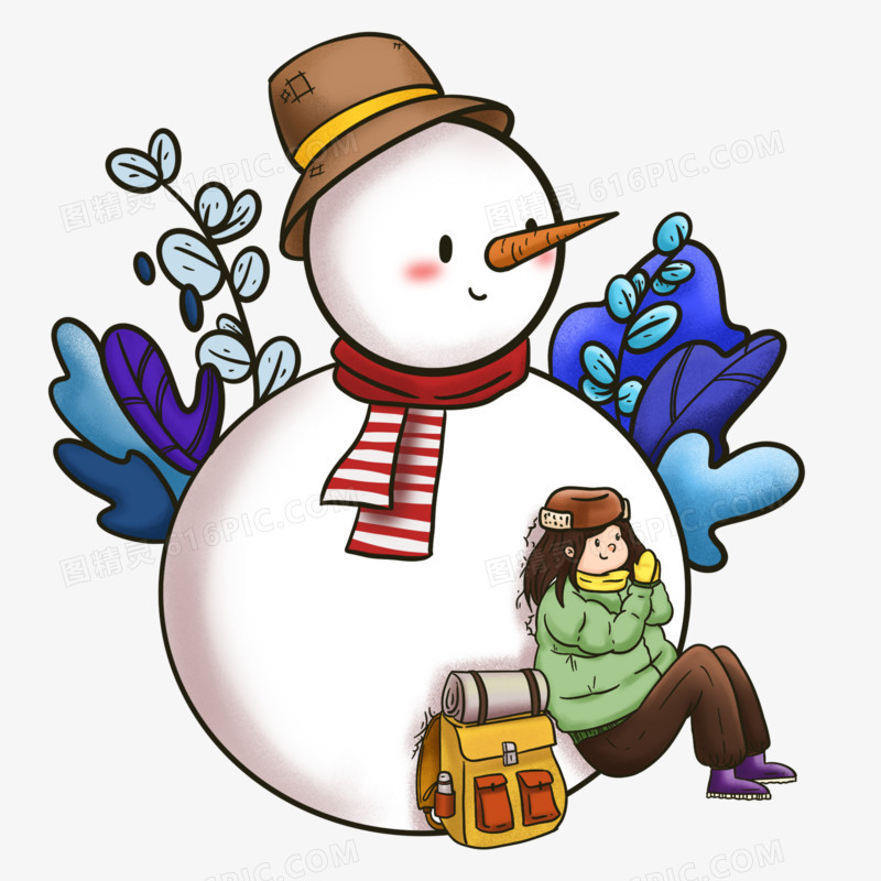 原创卡通靠在雪人身上的小女孩元素