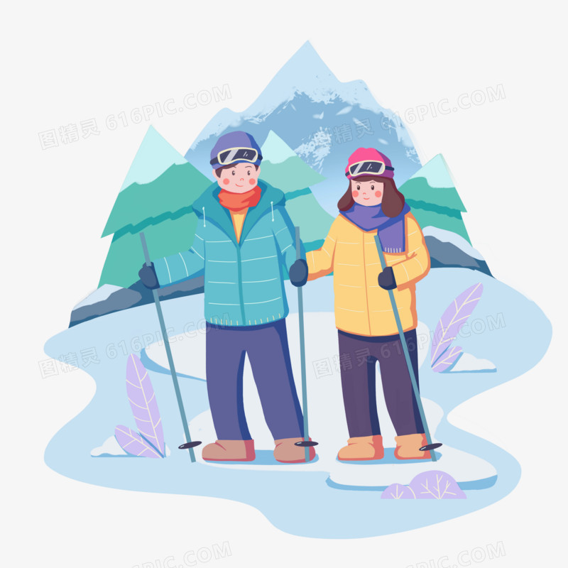 冬季户外运动雪地行走人物插画元素