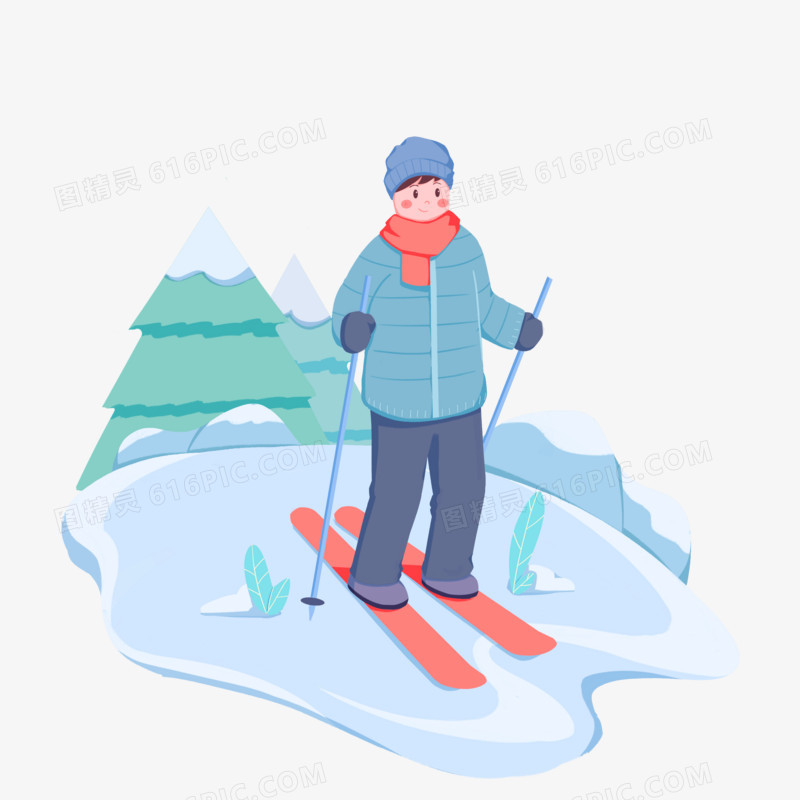 冬季户外滑雪人物扁平插画元素