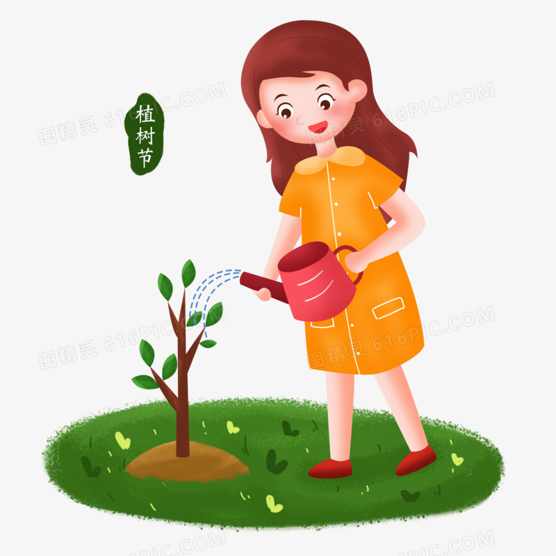 植树节之手绘卡通女孩给小树浇水