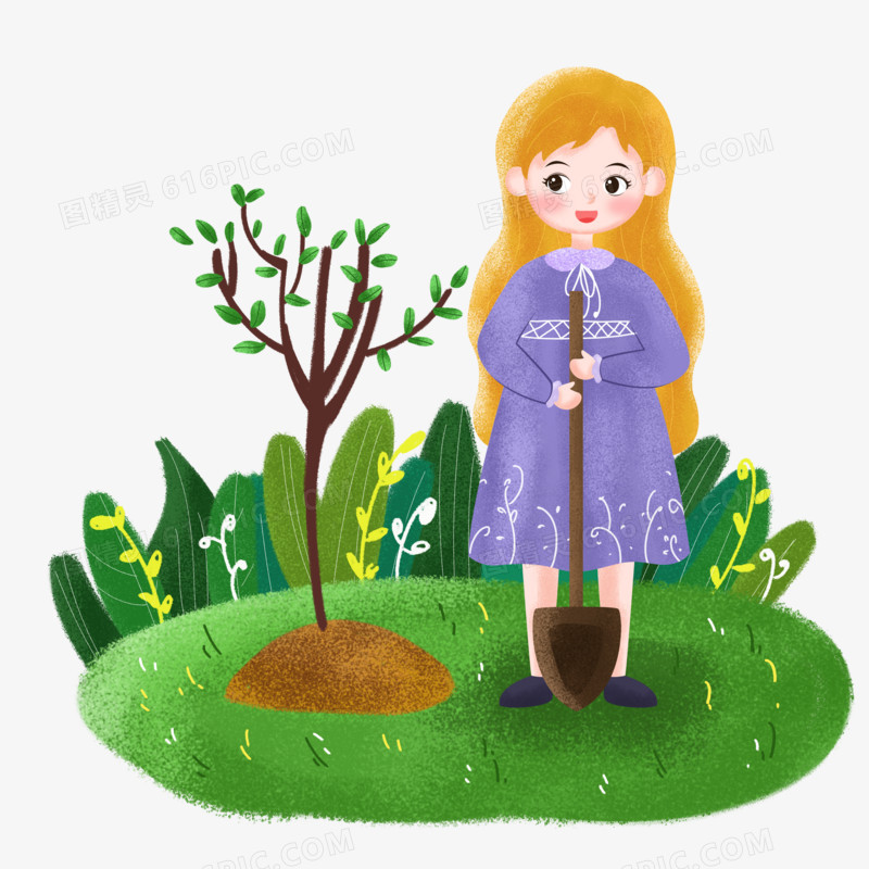 植树节之手绘卡通女孩在种树