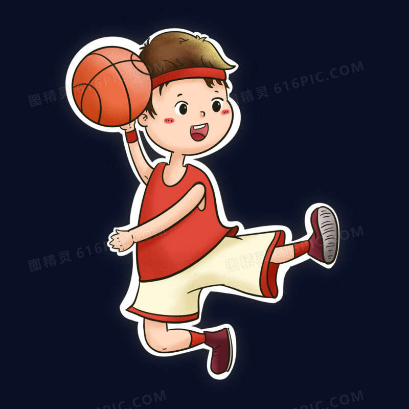 原创卡通白边打篮球的小孩元素