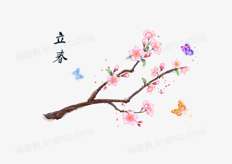 中国风水墨水彩桃花-立春