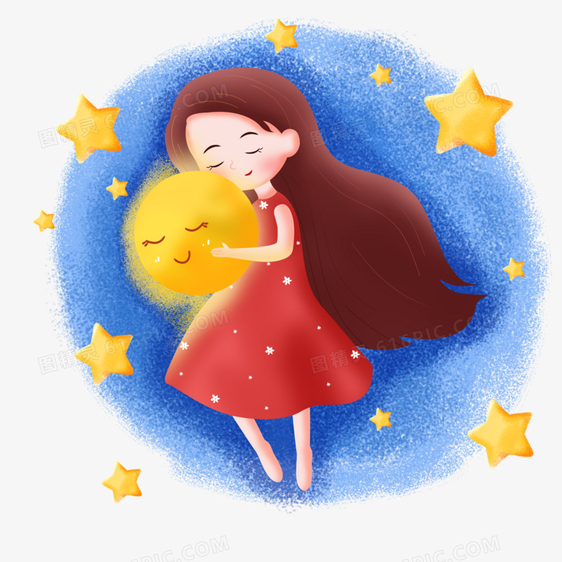 睡眠日之手绘卡通女孩抱着月亮睡觉