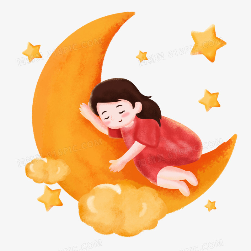睡眠日之手绘卡通创意女孩趴在月亮上睡觉3
