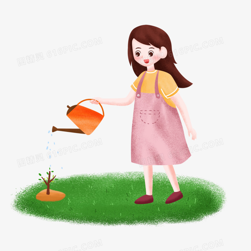 植树节之手绘卡通给小树浇水的女孩子
