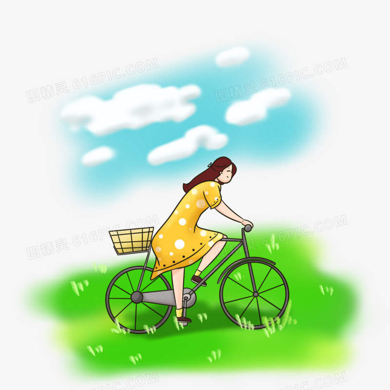 原创卡通春天女孩骑自行车元素