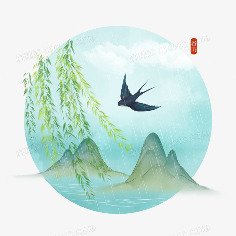 中国风春天谷雨柳树燕子元素