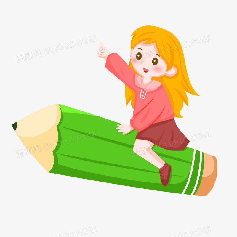 开学季之手绘卡通坐在铅笔上的女孩子