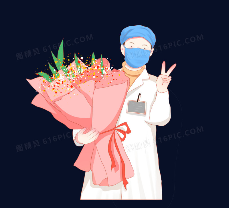 白衣天使之送别患者拿着花拍照的护士