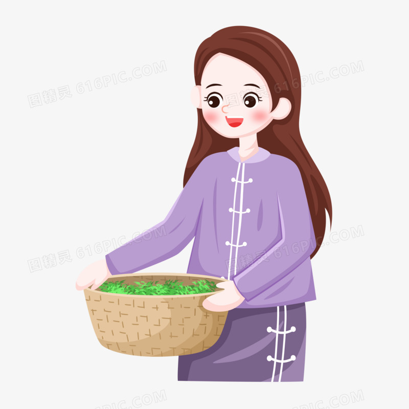 清明节之手绘卡通采茶叶的女孩子