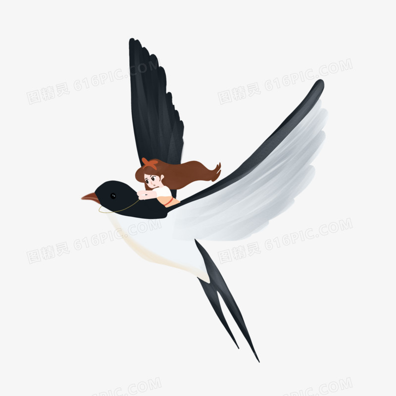 清明节创意手绘女孩坐在燕子上飞行