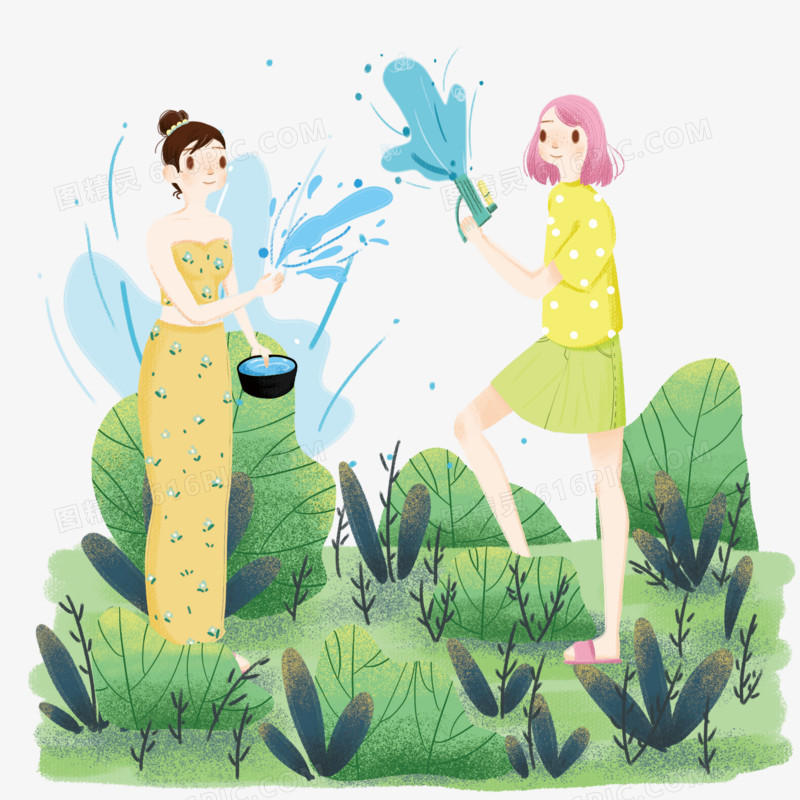 泼水节两位女孩插画风素材