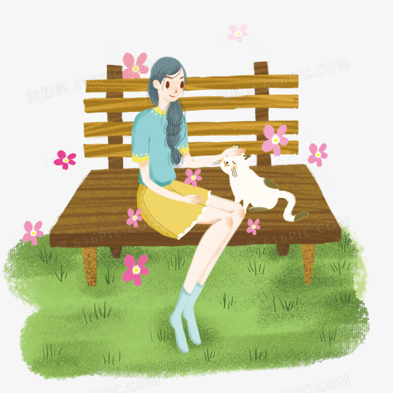 春分公园女孩小猫插画风素材