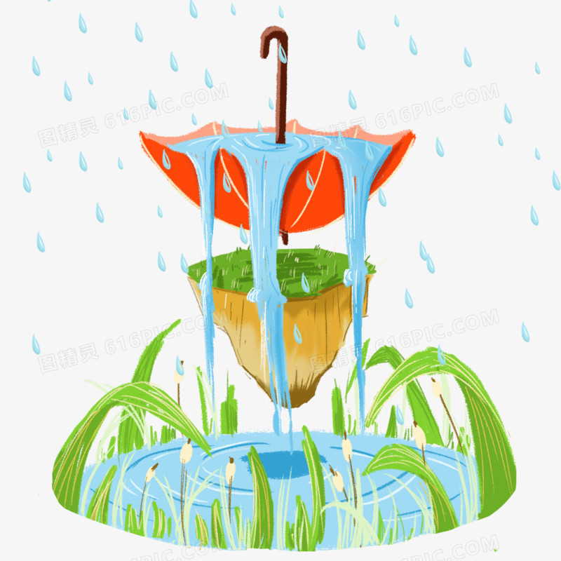 卡通小清新彩色雨伞瀑布二十四节气谷雨手绘元素