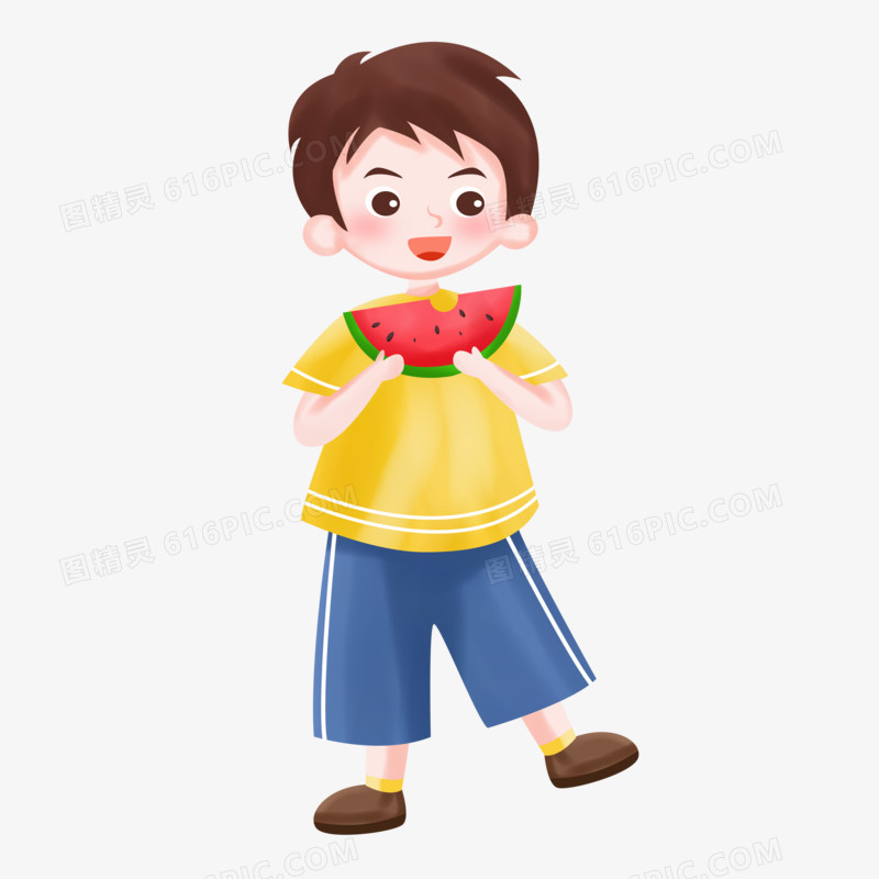 立夏之手绘卡通吃西瓜的小男孩