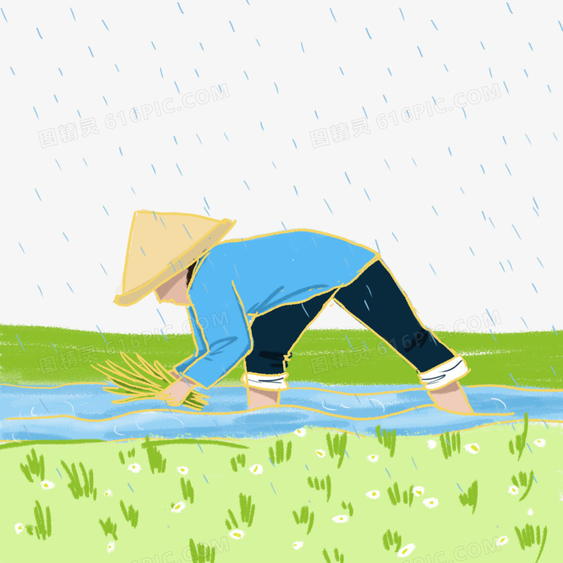 小清新简约二十四节气谷雨插秧人物手绘插画元素