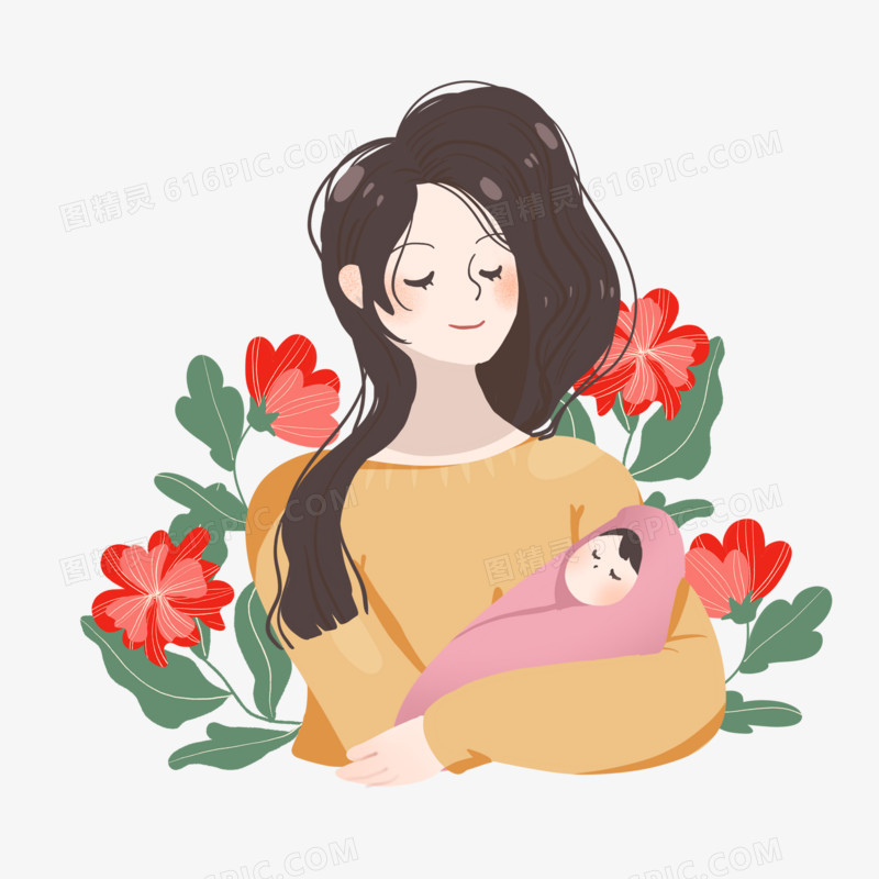 扁平温馨的母亲怀抱婴儿卡通手绘原创元素