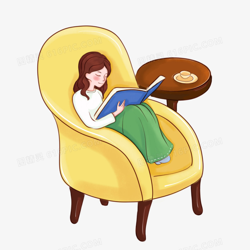 青年节女孩在沙发里看书场景图