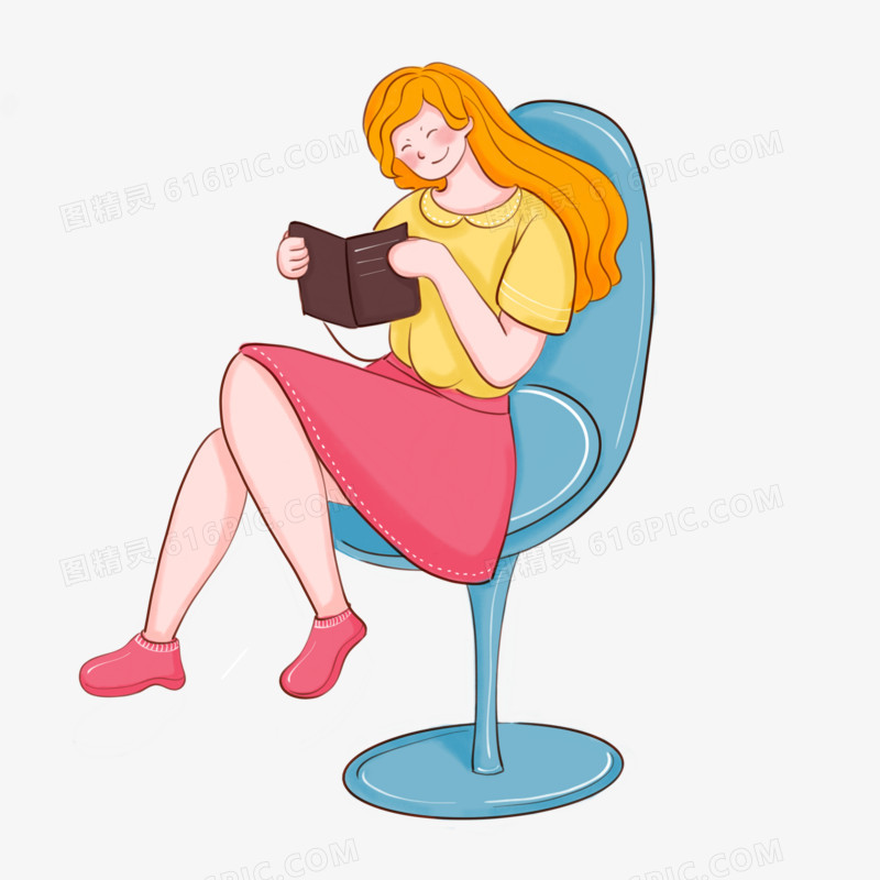 坐在凳子上阅读的女孩场景免扣元素图