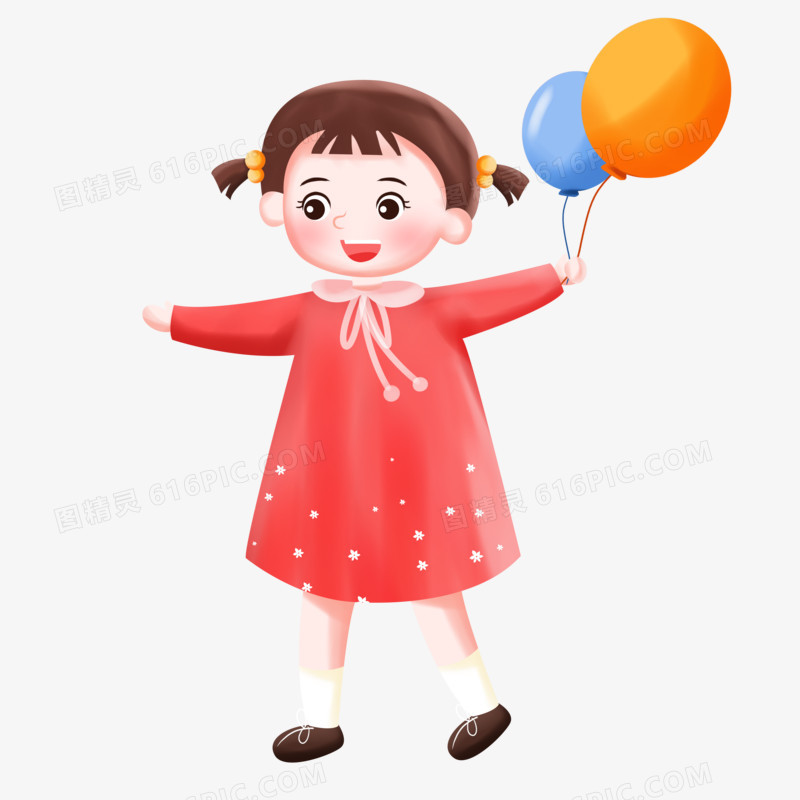 儿童节之手绘卡通拿着气球玩耍的小女孩