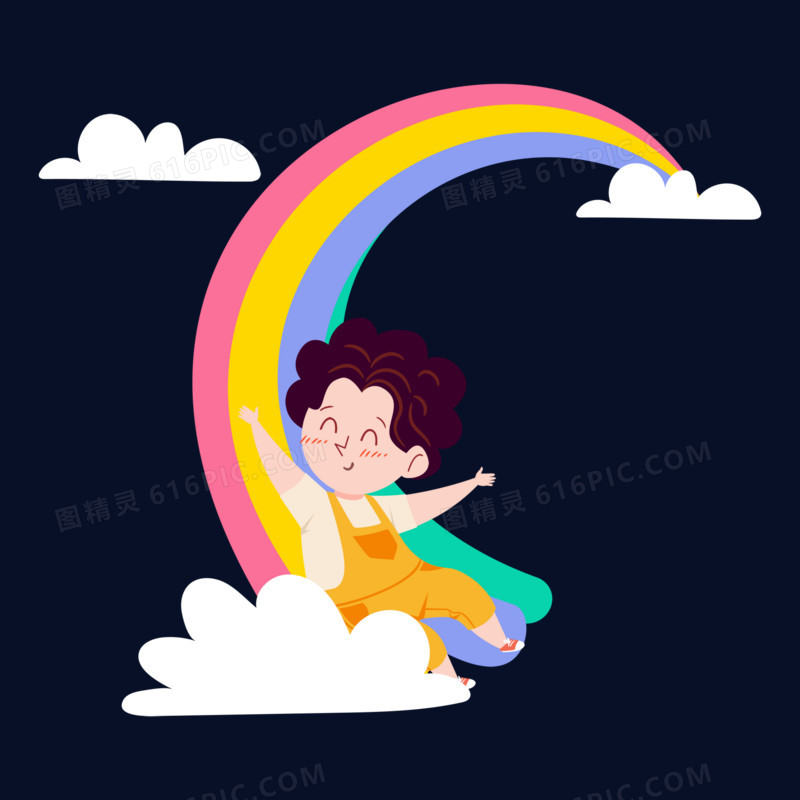 玩彩虹滑梯的快乐男孩人物手绘插画