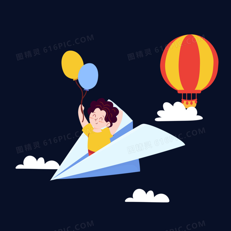 儿童骑乘纸飞机翱翔天空