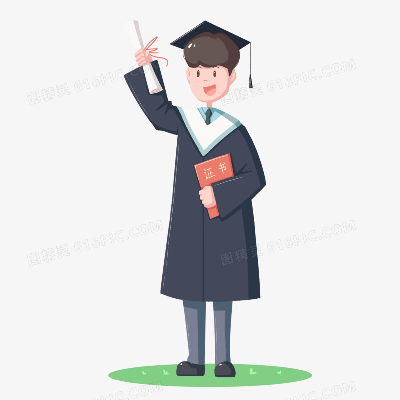 毕业穿学士服拿毕业证人物插画