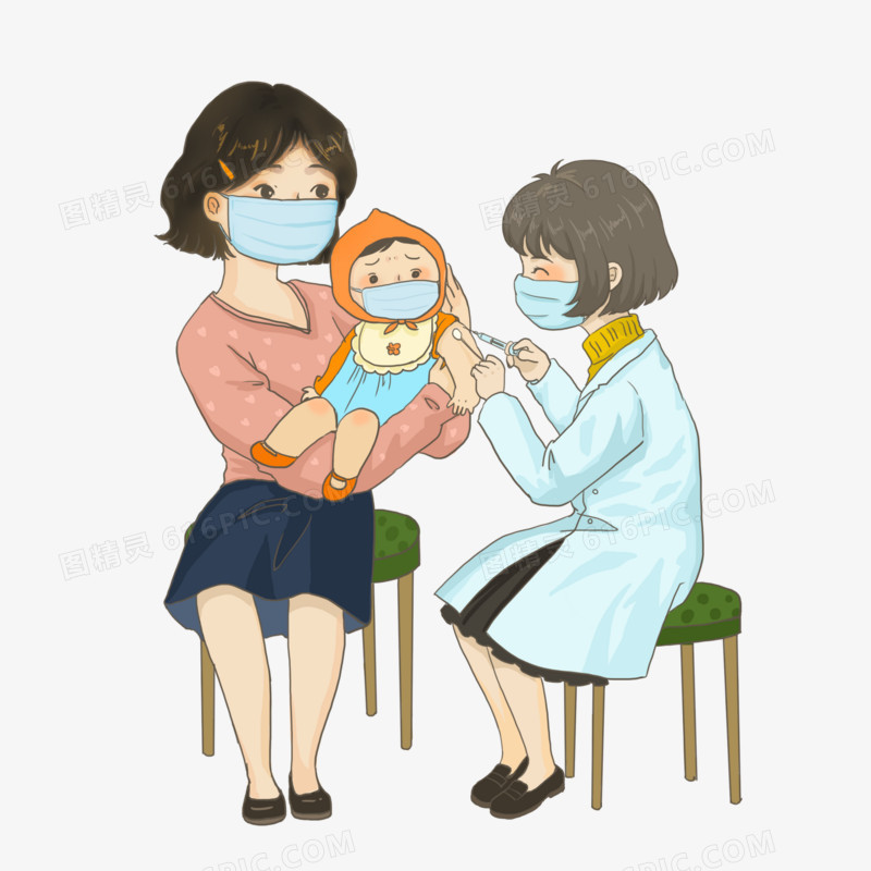 妈妈抱着孩子注射疫苗人物手绘插画