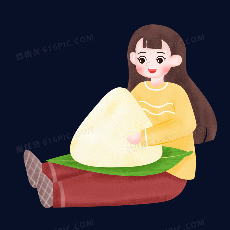 吃粽子的女孩人物手绘插画