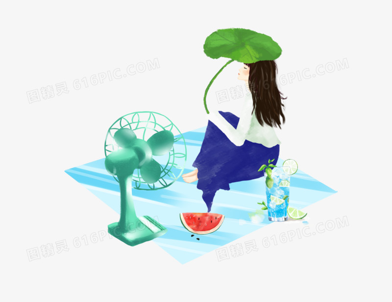 坐地上吹风扇遮阳的女孩手绘插画