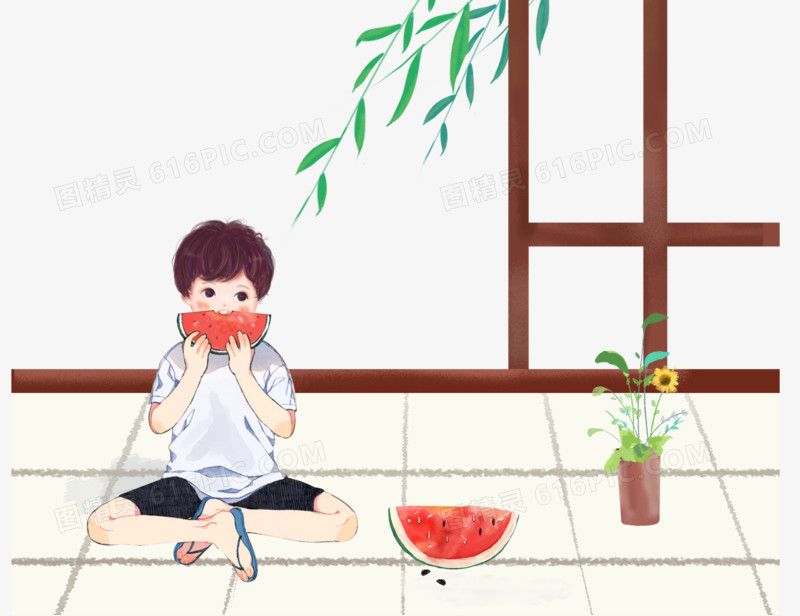 坐地上吃西瓜的男孩手绘插画
