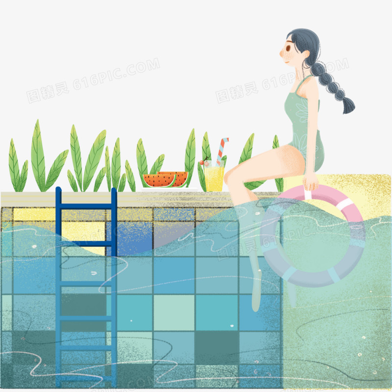 坐在泳池边上的女孩人物插画