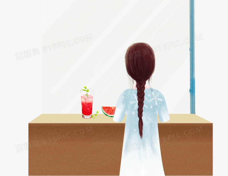 吃西瓜的女孩背影手绘插画