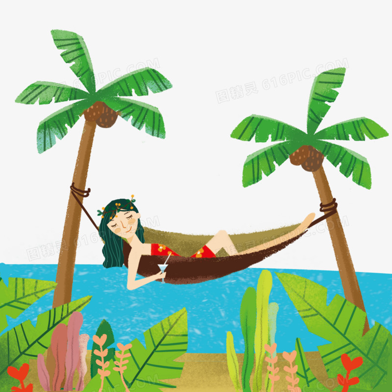 海边度假的女孩插画元素