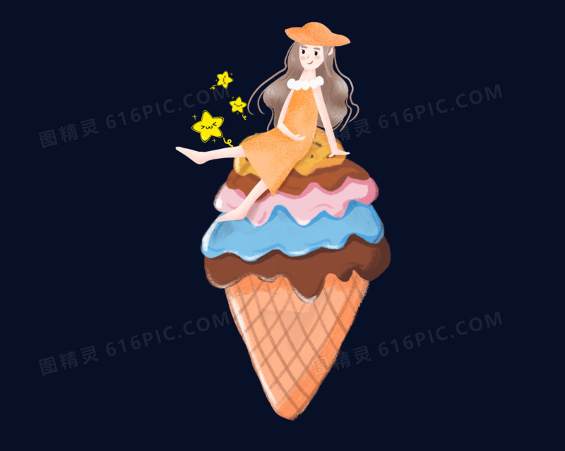 手绘女孩坐在冰淇淋上创意元素