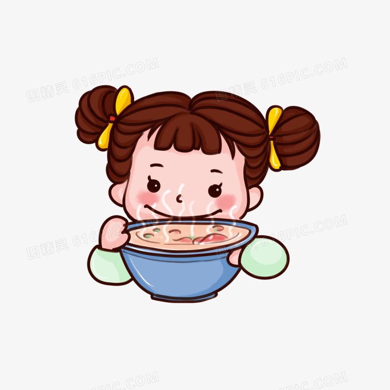 Q版卡通可爱女孩喝羊汤人物元素