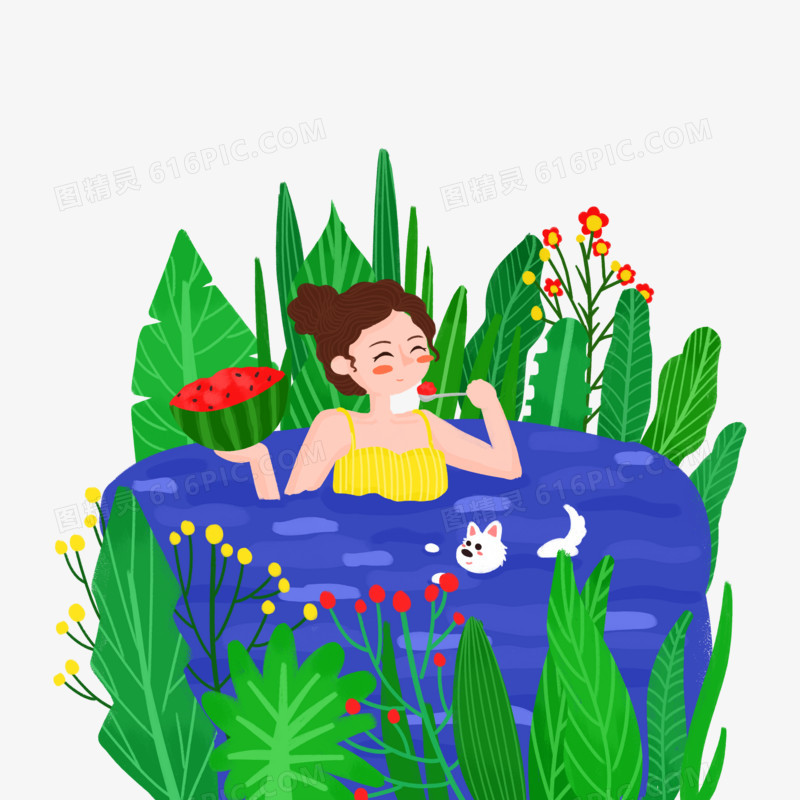 泳池里吃西瓜的女生手绘插画元素