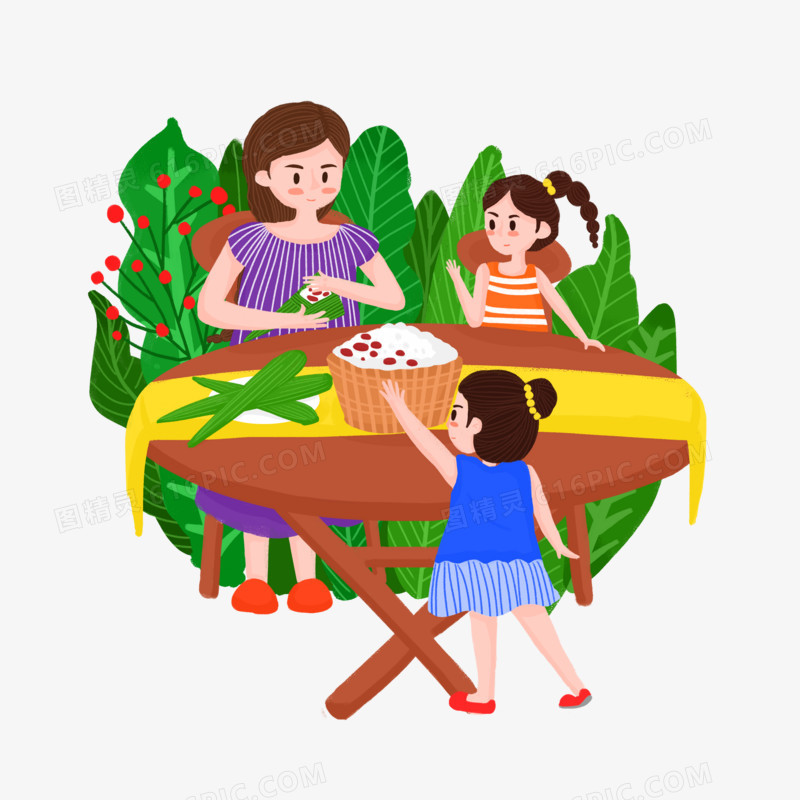 端午节妈妈和女儿包粽子场景元素