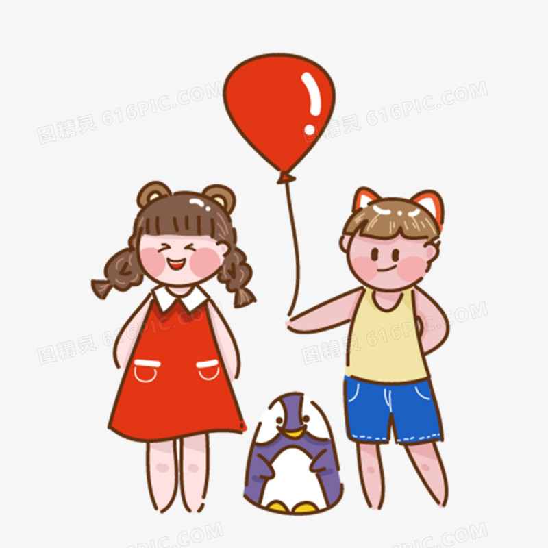 小男孩给小女孩气球卡通手绘元素