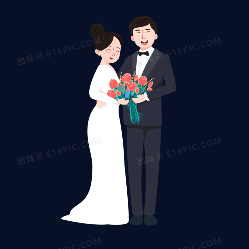 幸福的夫妻结婚照手绘插画元素