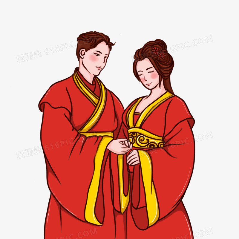 中式婚纱长款夫妻合照人物元素