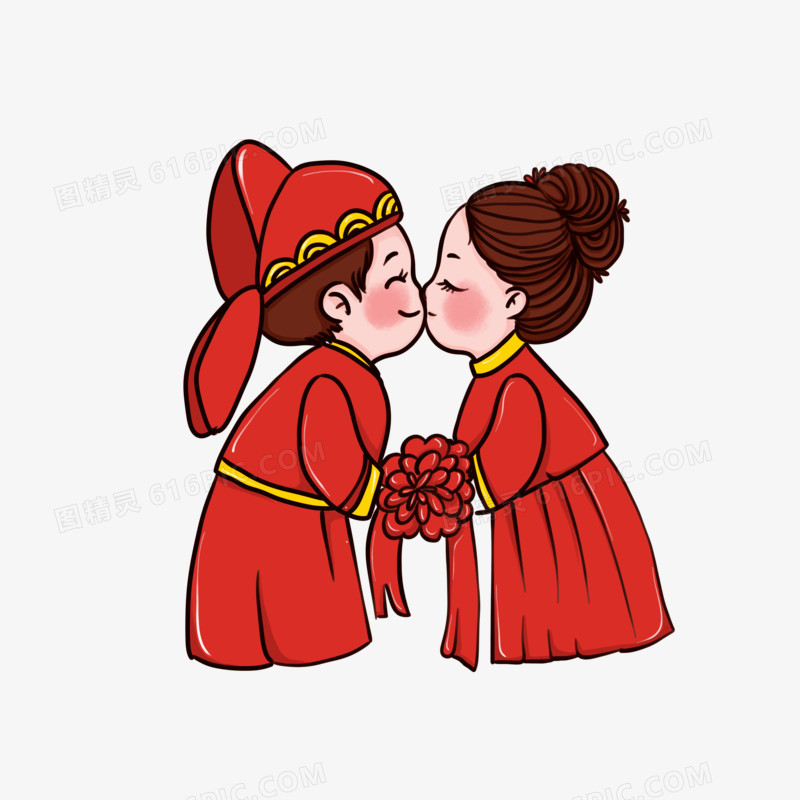 Q版卡通中式婚礼亲嘴新人元素