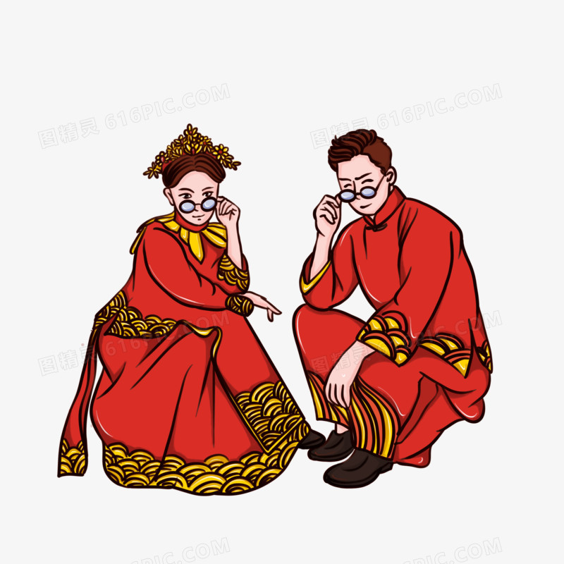 中式婚礼夫妻蹲姿创意合照