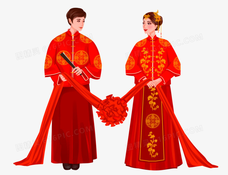 中式婚礼牵红绸绣球的新郎新娘元素