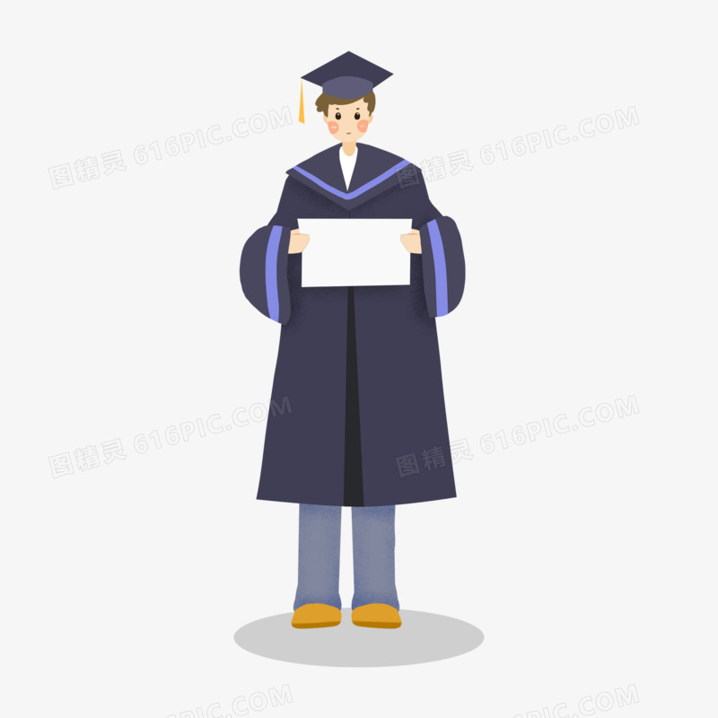 男孩穿学士服拿毕业证书拍照人物元素