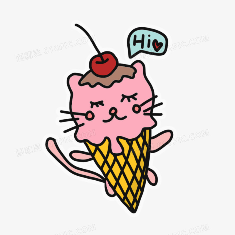 粉色卡通简笔画猫咪冰淇淋