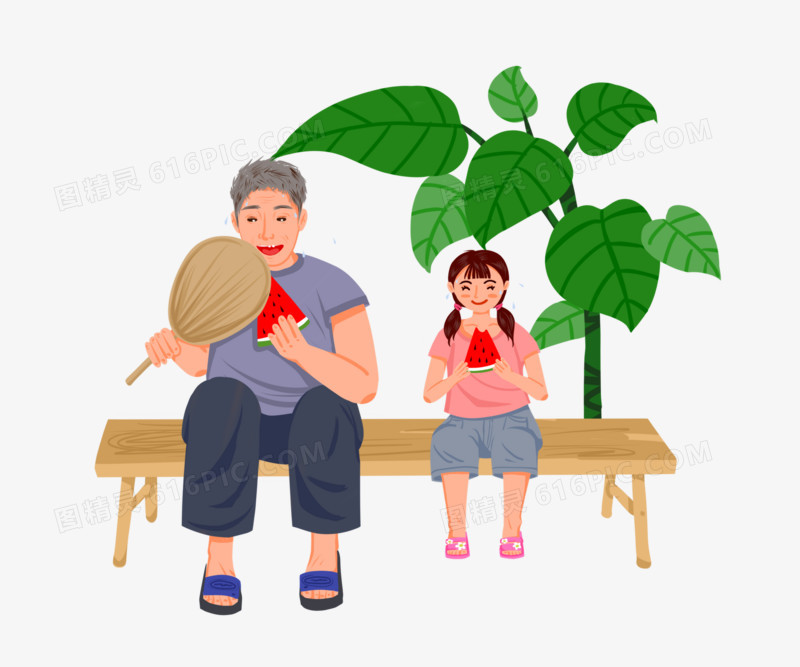 手绘风夏日爷爷和孙女一起吃西瓜场景元素