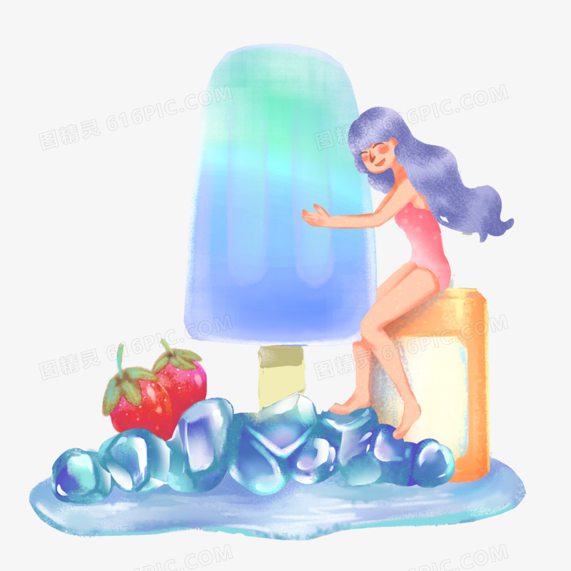 梦幻夏日少女抱着冰棍解暑创意插画元素