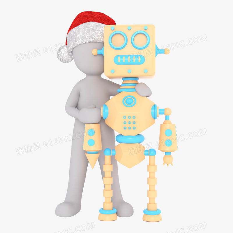 3D红帽立体小人抱着机器人